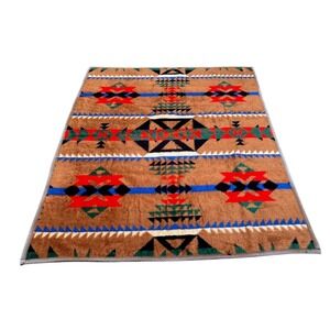 Vintage 1989 Crown Crafts Southwestern Aztec Plush Blanket 60x80 Brown Turkey